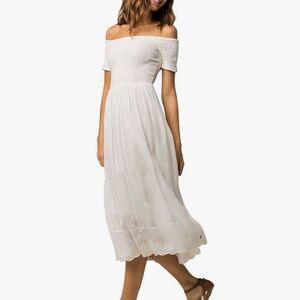 Roxy Lovers Marshmallow Dress Large Smocked Off the Shoulder Maxi Ruffled Lace